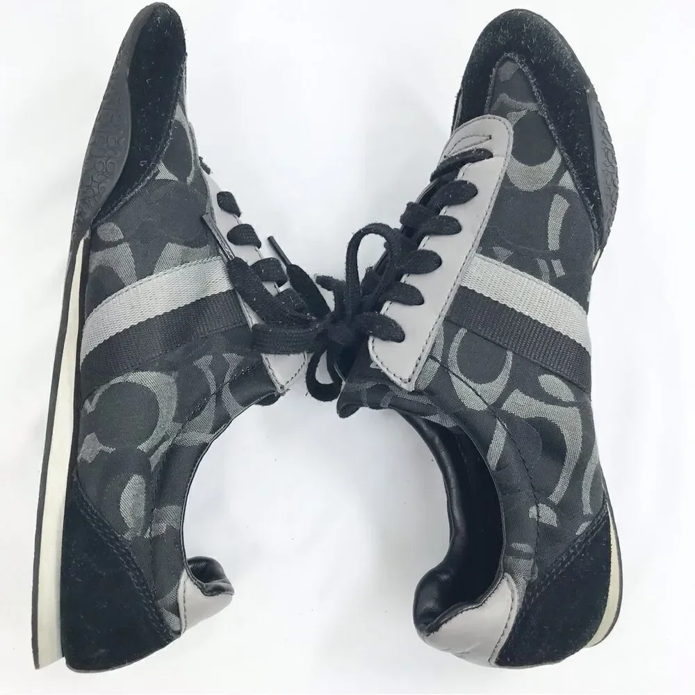 Coach KINSLEY  Black Gray Optic Signature Fabric Suede Lace Up Sneakers